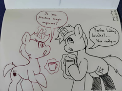 Size: 791x593 | Tagged: safe, artist:taurson, derpibooru import, oc, oc only, oc:coffee, pony, unicorn, coffee mug, dialogue, duo, horn, levitation, magic, mug, oc-tober, pen drawing, speech bubble, telekinesis, traditional art