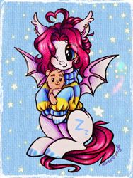 Size: 2250x3000 | Tagged: safe, artist:dariarchangel, derpibooru import, oc, oc only, oc:lerk, bat pony, pony, g4, adorable face, ahoge, bat pony oc, bat wings, blue eyes, blue hooves, blushing, c:, clothes, colored hooves, commission, cute, cute face, cute little fangs, cute smile, ear fluff, ear piercing, earring, ears, fangs, female, female oc, hair bun, hoof hold, hooves, hug, jewelry, long tail, ocbetes, one eye closed, piercing, pink hair, pink mane, pink tail, plushie, pony oc, raised hoof, raised leg, sitting, sleepy, small fangs, smiling, solo, spread wings, stars, sweater, sweet dreams fuel, tail, teddy bear, too cute, traditional art, turtleneck, turtleneck sweater, weapons-grade cute, white coat, wings, wink