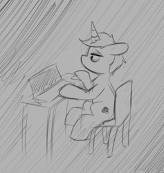 Size: 859x906 | Tagged: safe, artist:taurson, derpibooru import, oc, oc only, oc:coffee, pony, unicorn, bags under eyes, chair, computer, desk, ears, floppy ears, grayscale, horn, laptop computer, lidded eyes, male, monochrome, pencil drawing, sitting, solo, stallion, traditional art