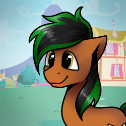 Size: 2000x2000 | Tagged: safe, artist:jellysketch, derpibooru import, oc, oc only, oc:patutu, earth pony, pony, building, commission, cute, daaaaaaaaaaaw, earth pony oc, high res, hill, house, male, ocbetes, outdoors, ponyville, smiling, solo, stallion, town