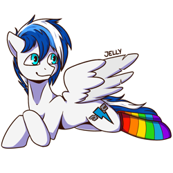 Size: 4000x4000 | Tagged: safe, artist:jellysketch, derpibooru import, oc, oc only, oc:danger above, pegasus, pony, absurd resolution, clothes, lying down, male, pegasus oc, rainbow socks, signature, simple background, smiling, socks, solo, spread wings, stallion, striped socks, white background, wings