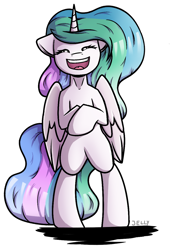 Size: 926x1356 | Tagged: safe, artist:jellysketch, derpibooru import, princess celestia, alicorn, pony, g4, bipedal, cute, cutelestia, eyes closed, female, folded wings, front view, horn, laughing, mare, open mouth, open smile, simple background, smiling, solo, standing, tail, white background, wings