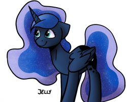 Size: 1032x826 | Tagged: safe, artist:jellysketch, derpibooru import, princess luna, alicorn, pony, g4, ethereal mane, ethereal tail, female, folded wings, horn, mare, simple background, smiling, solo, standing, tail, white background, wings