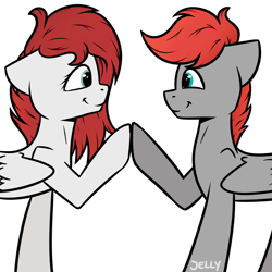 Size: 2000x2000 | Tagged: safe, artist:jellysketch, derpibooru import, oc, oc only, oc:cherry feather (pony), pegasus, pony, duo, eye contact, female, high res, hoofbump, looking at each other, looking at someone, mare, pegasus oc, profile, side view, simple background, smiling, smiling at each other, white background, wings