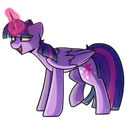 Size: 4000x4000 | Tagged: safe, artist:jellysketch, derpibooru import, twilight sparkle, twilight sparkle (alicorn), alicorn, pony, g4, absurd resolution, bloodshot eyes, crazy face, drugs, eye clipping through hair, faic, female, folded wings, glowing, glowing horn, highlight sparkle, horn, magic, magic aura, mare, open mouth, shading, shadow, simple background, solo, tail, white background, wings