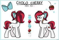 Size: 3000x2000 | Tagged: safe, artist:jellysketch, derpibooru import, oc, oc only, oc:choco cherry, earth pony, pony, bow, cherry, earth pony oc, female, food, hair bow, high res, mare, reference sheet, simple background, smiling, solo, tail, white background