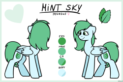 Size: 3000x2000 | Tagged: safe, artist:jellysketch, derpibooru import, oc, oc only, oc:mint sky, pegasus, pony, female, folded wings, heart, high res, mare, pegasus oc, reference sheet, simple background, smiling, solo, tail, white background, wings