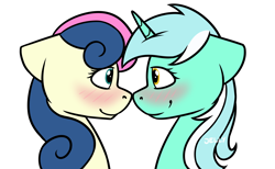 Size: 3000x1850 | Tagged: safe, artist:jellysketch, derpibooru import, bon bon, lyra heartstrings, sweetie drops, earth pony, pony, unicorn, g4, adorabon, blushing, boop, bust, canon ship, cute, duo, duo female, eye contact, female, high res, horn, lesbian, looking at each other, looking at someone, lyrabetes, lyrabon, mare, noseboop, portrait, profile, shipping, side view, simple background, smiling, smiling at each other