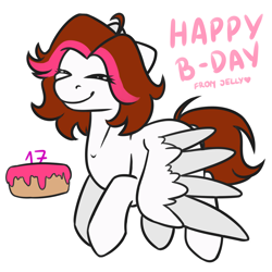 Size: 2000x2000 | Tagged: safe, artist:jellysketch, derpibooru import, oc, oc only, pegasus, pony, birthday, birthday art, birthday cake, birthday gift, cake, cute, eyes closed, female, food, heart, high res, mare, pegasus oc, simple background, smiling, solo, spread wings, white background, wings