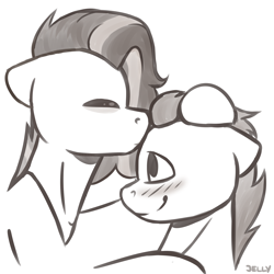 Size: 3000x3000 | Tagged: safe, artist:jellysketch, derpibooru import, oc, oc only, pegasus, pony, blushing, couple, cute, duo, eyes closed, forehead kiss, grayscale, high res, kissing, monochrome, oc x oc, profile, shipping, side view, simple background, sketch, smiling, white background