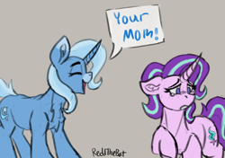 Size: 1154x814 | Tagged: safe, artist:reddthebat, derpibooru import, starlight glimmer, trixie, pony, unicorn, g4, chest fluff, duo, duo female, eyes closed, female, frown, gray background, horn, mare, open mouth, open smile, sad, signature, simple background, smiling, speech bubble, teary eyes, your mom