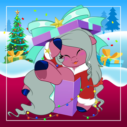 Size: 2048x2048 | Tagged: safe, artist:jhayarr23, derpibooru import, oc, oc only, oc:dawn blossom, earth pony, pony, :p, blushing, bow, christmas, christmas lights, christmas tree, clothes, costume, earth pony oc, hair bow, holiday, male, outdoors, present, santa costume, snow, solo, stallion, tongue, tongue out, tree