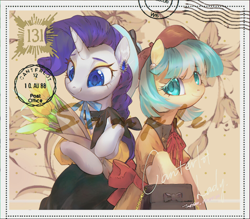 Size: 1904x1670 | Tagged: safe, artist:tingsan, derpibooru import, coco pommel, rarity, earth pony, pony, unicorn, g4, bouquet, bow, canterlot lady, clothes, colored pupils, cute, dress, duo, duo female, ear piercing, earring, female, flower, hat, horn, jewelry, looking at you, mare, piercing, postcard, purse