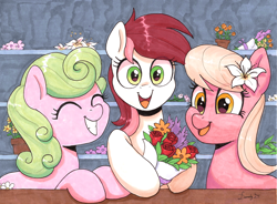 Size: 4776x3516 | Tagged: safe, artist:dandy, derpibooru import, daisy, flower wishes, lily, lily valley, roseluck, earth pony, pony, g4, bouquet, copic, eyes closed, female, flower, flower in hair, flower trio, looking at you, mare, open mouth, open smile, rose, smiling, traditional art