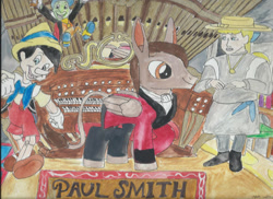 Size: 1024x745 | Tagged: safe, artist:merrittwilson, derpibooru import, donkey, human, pegasus, paul smith, pinocchio, pipe organ, traditional art