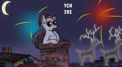 Size: 1440x788 | Tagged: safe, artist:thomas.senko, derpibooru import, oc, oc only, alicorn, changeling, deer, earth pony, griffon, pegasus, pony, reindeer, unicorn, friendship is magic, g4, 2024, advertisement, bag, brown eyes, changeling oc, chimney, christmas, christmas lights, clothes, colored, commission, commission info, commission open, costume, detailed background, digital art, ears up, female, fireworks, folded wings, front view, griffon oc, half moon, halfmoon, hat, holiday, horn, light, lights, looking back, male, mare, moon, mouth hold, my little pony: friendship is magic, neighborhood, night, outdoors, peppermint, pipe, reindeer horn, santa hat, shading, shadows, soft shading, solo, stallion, stars, wings, your character here