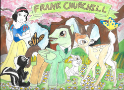 Size: 1024x745 | Tagged: safe, artist:merrittwilson, derpibooru import, butterfly, deer, human, pegasus, pony, skunk, bambi, butt, flower, frank churchill, male, outdoors, plot, ponified, snow white, species swap, stallion, thumper (bambi), traditional art