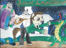 Size: 1024x745 | Tagged: safe, artist:merrittwilson, derpibooru import, alligator, earth pony, human, pony, accordion, bipedal, dancing, fantasia, john lounsbery, lady and the tramp, lute, musical instrument, ponified, species swap, traditional art