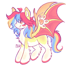 Size: 2199x1927 | Tagged: safe, artist:kaijulii, derpibooru import, oc, oc only, oc:pequeña piñata, bat pony, bat pony oc, multicolored hair, multicolored mane, multicolored tail, paw wings, paws, simple background, solo, tail, transparent background, two toned coat, white fur, yellow fur