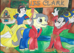 Size: 1024x745 | Tagged: safe, artist:merrittwilson, derpibooru import, earth pony, human, mouse, pony, les clark, mickey mouse, outdoors, ponified, snow white and the seven dwarfs, solo, species swap, traditional art