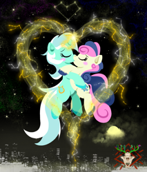 Size: 1325x1557 | Tagged: safe, artist:thornygiggles, derpibooru import, bon bon, lyra heartstrings, sweetie drops, earth pony, pony, unicorn, blush sticker, blushing, constellation, duo, embrace, eyes closed, female, flying, glowing, glowing horn, heart, horn, kissing, lesbian, lyrabon, magic, mare, night, shipping, sky, skyline, stars