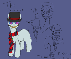 Size: 1200x1000 | Tagged: safe, artist:ponie pie, derpibooru import, oc, oc:candymare, original species, pony, fanfic:something sweet to bite, fanfic:the most horrible hearth's warming ever: a candy mare tale, clothes, doodle, fanfic art, hat, scarf, sharp teeth, snow, solo, teeth