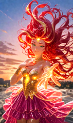 Size: 768x1280 | Tagged: safe, ai content, derpibooru import, machine learning generated, sunset shimmer, human, pony, g4, blurry background, choker, clothes, cloud, dress, female, floating, floating hair, frilly, frilly skirt, glitter, glowing, gold, hand on chest, humanized, jewelry, long hair, outdoors, prompter:sammykun, reaching towards you, shadow, shiny, skirt, sky, solo, sunset, wet