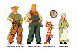 Size: 4366x2949 | Tagged: safe, artist:bixels, derpibooru import, apple bloom, applejack, big macintosh, bright mac, granny smith, pear butter, human, g4, adorabloom, alternate name, apple family, apron, arm hair, boots, chaps, clothes, cowboy boots, cute, dress, female, gun, handgun, height difference, high res, hobby horse, humanized, male, name, open mouth, open smile, overalls, photo, remake, revolver, shoes, simple background, smiling, spurs, straw in mouth, suspenders, the grand galloping 20s, tooth gap, weapon, white background