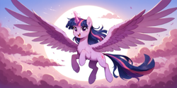 Size: 2400x1200 | Tagged: safe, ai content, derpibooru import, machine learning generated, twilight sparkle, twilight sparkle (alicorn), alicorn, pony, cloud, day, female, flying, glowing, glowing horn, horn, looking at you, mare, outdoors, pink cloud, prompter:greesys, purple eyes, sky, smiling, solo, spread wings, sun, wallpaper, wings