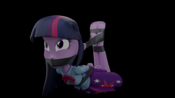 Size: 3840x2160 | Tagged: safe, artist:ennddy, derpibooru import, twilight sparkle, human, equestria girls, g4, 3d, angry, barefoot, black background, bondage, bound and gagged, clothes, damsel in distress, feet, feet tied, female, gag, hands behind back, high res, hogtied, kidnapped, simple background, skirt, solo, tape, tape bondage, tape gag, tied up