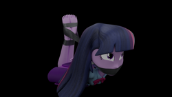 Size: 3840x2160 | Tagged: safe, alternate version, artist:ennddy, derpibooru import, twilight sparkle, human, equestria girls, g4, 3d, alternate angle, angry, barefoot, black background, bondage, bound and gagged, clothes, damsel in distress, feet, feet tied, female, gag, hands behind back, high res, hogtied, kidnapped, simple background, skirt, solo, tape, tape bondage, tape gag, tied up