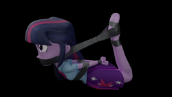 Size: 3840x2160 | Tagged: safe, alternate version, artist:ennddy, derpibooru import, twilight sparkle, human, equestria girls, g4, 3d, alternate angle, angry, barefoot, black background, bondage, bound and gagged, clothes, damsel in distress, feet, feet tied, female, gag, hands behind back, high res, hogtied, kidnapped, simple background, skirt, solo, tape, tape bondage, tape gag, tied up