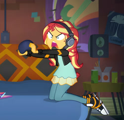 Size: 2944x2836 | Tagged: safe, derpibooru import, screencap, sunset shimmer, human, better together, equestria girls, g4, game stream, angry, clothes, controller, converse, female, gamer sunset, headphones, indoors, shoes, sneakers, solo, sunset's apartment