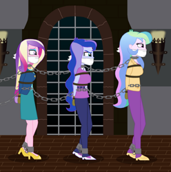 Size: 1872x1887 | Tagged: safe, artist:robukun, derpibooru import, edit, dean cadance, princess cadance, princess celestia, princess luna, principal celestia, vice principal luna, human, equestria girls, g4, bondage, bound and gagged, bound together, chains, cloth gag, cropped, female, gag, marching, tied up, trio, trio female