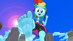 Size: 3840x2160 | Tagged: safe, artist:yeyesreal, derpibooru import, rainbow dash, human, equestria girls, g4, 3d, barefoot, city, day, feet, female, fetish, foot fetish, giant human, giantess, macro, outdoors, soles, solo, toes