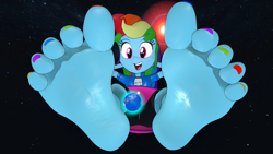 Size: 3840x2160 | Tagged: safe, artist:yeyesreal, derpibooru import, rainbow dash, human, equestria girls, g4, earth, feet, fetish, foot fetish, nail polish, rainbow toenails, soles, space, toenail polish, toenails, toes, wiggling toes