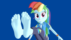 Size: 1600x900 | Tagged: safe, artist:somefootartistsfm, derpibooru import, rainbow dash, better together, equestria girls, g4, 3d, feet, fetish, foot fetish, foot focus, looking at you, mmd, smiling, soles, solo, toes