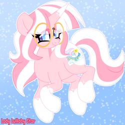 Size: 2000x2000 | Tagged: safe, artist:ladylullabystar, derpibooru import, oc, oc only, oc:lady lullaby star, pony, unicorn, coat markings, female, glasses, horn, mare, pink fur, pink hair, socks (coat marking), solo, unicorn oc