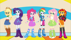 Size: 1280x720 | Tagged: safe, artist:pedro123emanuel, derpibooru import, editor:pedro123emanuel, applejack, fluttershy, pinkie pie, rainbow dash, rarity, sunset shimmer, human, equestria girls, g4, belt, boots, clothes, cowboy boots, cowboy hat, female, hat, high heel boots, humane five, jacket, rainbow socks, shirt, shoes, skirt, socks, striped socks, vest