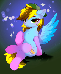 Size: 3168x3864 | Tagged: safe, artist:empress-twilight, derpibooru import, oc, oc only, oc:lucky bolt, pegasus, pony, backwards ballcap, baseball cap, cap, chest fluff, clothes, colored wings, commission, crossed legs, ear fluff, ears, female, fluffy mane, gradient background, green eyes, hat, looking at you, sitting, socks, solo, spread wings, stockings, thigh highs, two toned mane, two toned wings, wings, ych result