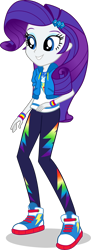 Size: 1542x4235 | Tagged: safe, artist:dustinwatsongkx, derpibooru import, rarity, human, equestria girls, g4, 2d, alternate clothes, clothes, clothes swap, cutie mark on clothes, diamond, eyeshadow, female, geode of shielding, hairclip, human female, jacket, jewelry, magical geodes, makeup, necklace, pants, shirt, shoes, simple background, sneakers, solo, t-shirt, thunderbolt, transparent background, wristband