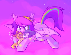 Size: 1437x1117 | Tagged: safe, artist:tricky_cannon, derpibooru import, braeburn, soarin', oc, oc:lullaby, bat pony, pony, art trade, bat pony oc, braeburn plushie, female, female oc, gay, male, mare, mare oc, plushie, ponysona, purple coat, purple sky, ship:soarburn, shipping, smiling, soarin' plushie