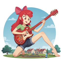 Size: 2496x2496 | Tagged: safe, ai content, derpibooru import, generator:stable diffusion, machine learning generated, apple bloom, human, equestria girls, g4, female, giant human, giantess, guitar, macro, musical instrument, outdoors, prompter:kimberlite