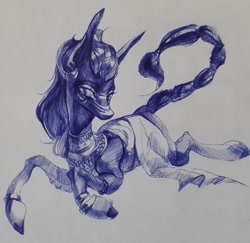 Size: 1080x1050 | Tagged: safe, artist:yanisfucker, derpibooru import, oc, oc only, hybrid, pony, scorpion, bracelet, female, jewelry, lying down, mare, monochrome, peytral, prone, scorpion tail, simple background, solo, tail, traditional art, white background