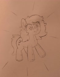 Size: 4220x5398 | Tagged: safe, artist:harmonicglow, derpibooru import, oc, oc only, oc:anon filly, original species, button eyes, female, filly, foal, monochrome, pencil drawing, plush pony, plushie, solo, stitches, traditional art