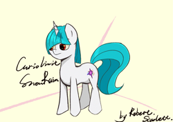 Size: 2097x1488 | Tagged: safe, artist:robertscarlett, derpibooru import, oc, oc only, oc:curiolimit snowrain, blue mane, light skin, red eyes, simple background, standing, yellow background