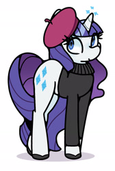 Size: 1287x1917 | Tagged: safe, artist:kindakismet, derpibooru import, rarity, pony, unicorn, g4, beatnik rarity, beret, clothes, hat, horn, simple background, smiling, solo, sparkles, sweater, white background