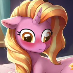 Size: 2048x2048 | Tagged: safe, ai content, derpibooru import, generator:stable diffusion, machine learning generated, luster dawn, pony, unicorn, g4, blushing, butt, derp, ears, female, floppy ears, flowing mane, horn, indoors, mare, prompter:button fixer, solo, solo female, tail