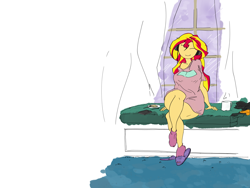 Size: 4800x3600 | Tagged: safe, artist:ponny, derpibooru import, sunset shimmer, human, equestria girls, g4, bread, carpet, clothes, coffee mug, colored, curtains, eyes closed, food, fork, headphones, indoors, jacket, mug, oversized clothes, oversized shirt, phone, saucer, shirt, shoe dangling, sitting up, slippers, socks, sofa, solo, t-shirt, window