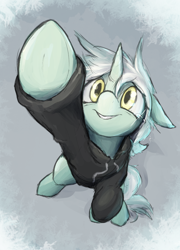 Size: 1422x1970 | Tagged: safe, artist:candel, derpibooru import, lyra heartstrings, pony, unicorn, fanfic:background pony, g4, bipedal, crying, dig the swell hoodie, female, foreshortening, horn, mare, perspective, pointing, smiling, snow, solo, teary eyes, underhoof